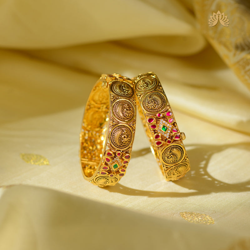 22K Gold Peacock Design Bangles with Rubies & Emeralds