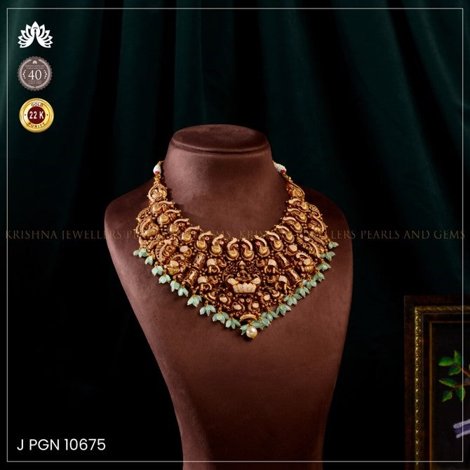 Bridal 22K Gold Laxmi Devi Choker with Majestic Elephants and Peacocks