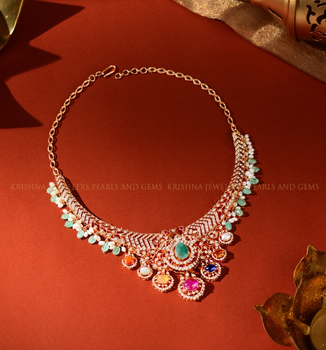 Diamond Necklace Featuring Navaratna Stones and Emerald Beads