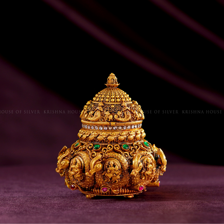 Traditional 92.5 Silver Kumkum Box with Gold Finish