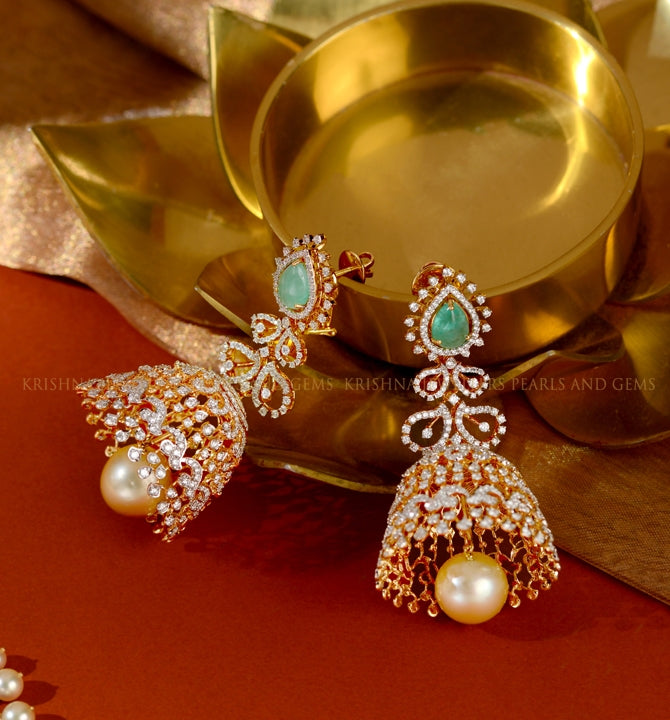 Elegant Diamond Earrings with Emerald Pota and Pearls