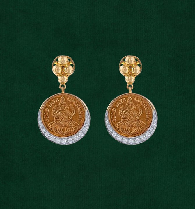 Gold Lord Lakshmi Devi Kasu Earrings with Yellow gold