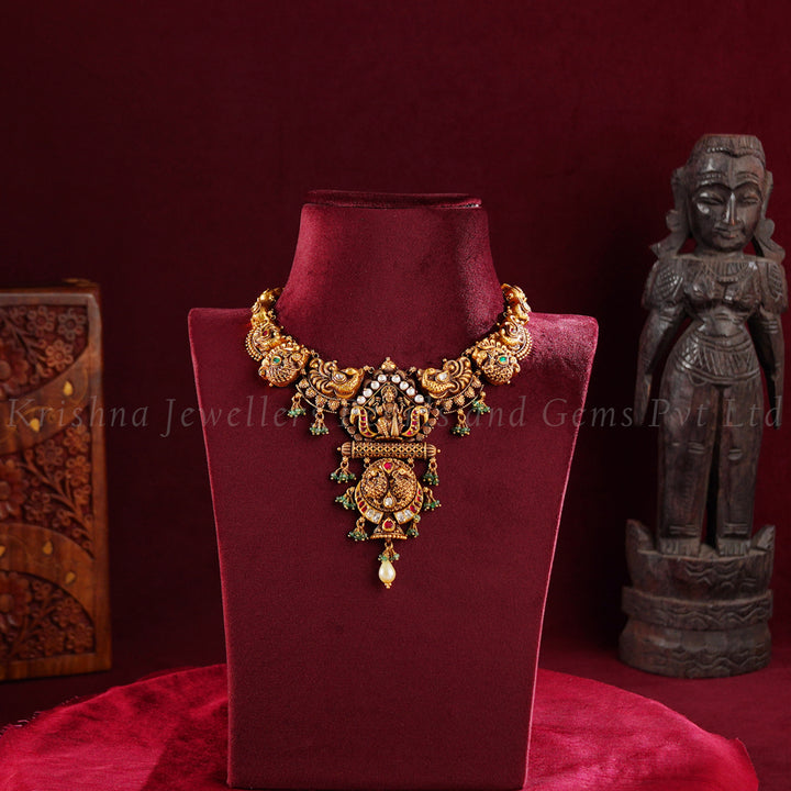 22K Nakshi Necklace with Lakshmi and Peacock Design