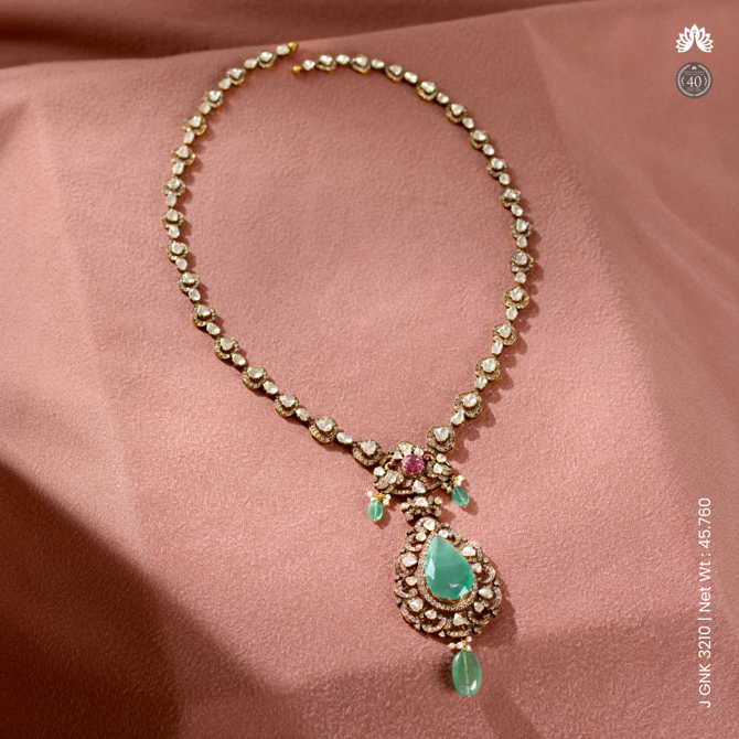 Polki Diamond Necklace with Emerald and Ruby Accents