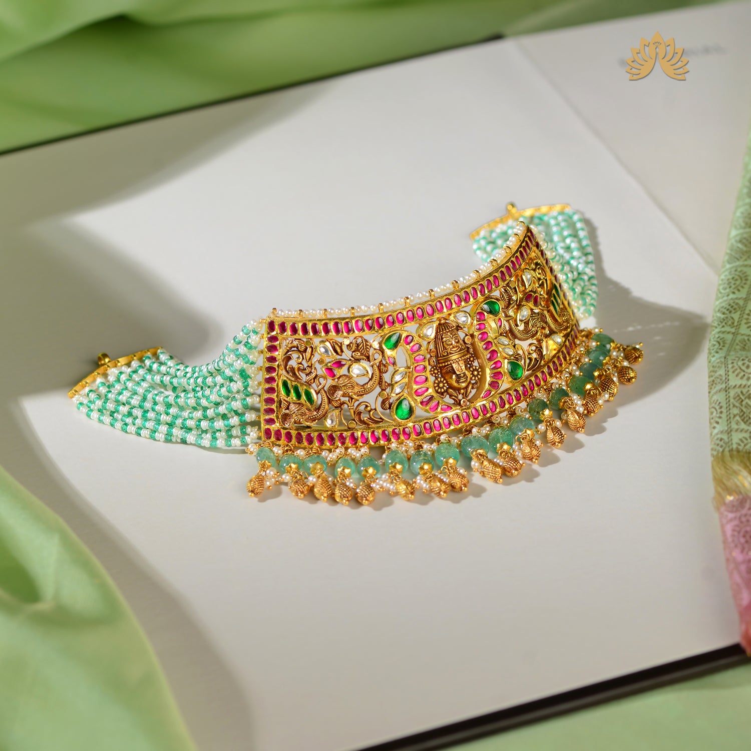 22K Gold Emerald Balaji Choker Necklace
