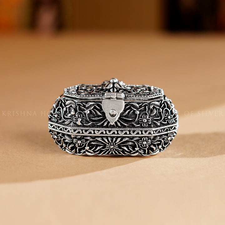 Silver Floral Kumkum Box with Antique Finish