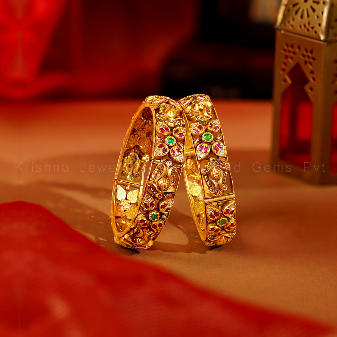 Antique Gold Kempu Kada Bangles with Ruby and Emerald Flowers (Pair)