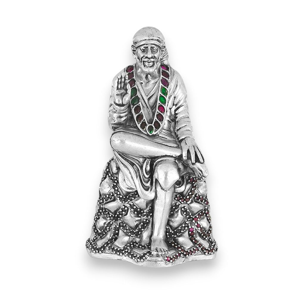 Silver Sai Baba Idol - Jeweled Garland, Ornate Details