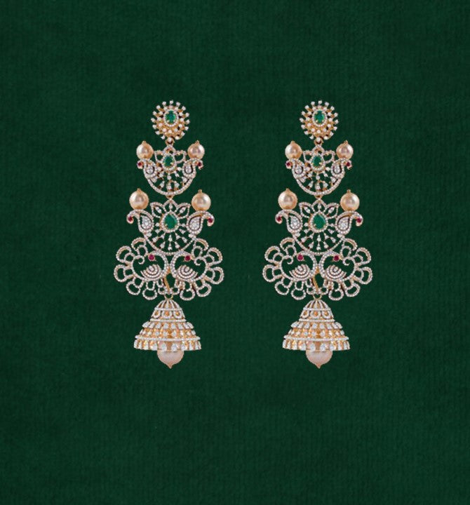 Diamond Jhumkas with peacock themed combination of mango design