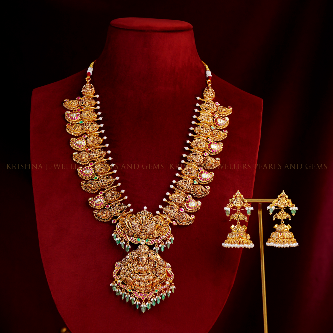 22K Gold Lakshmi Mango Haram Bridal Set with Jhumkas
