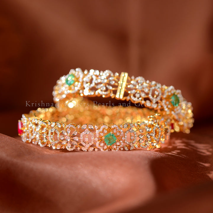 18K Diamond & Emerald Designer Bangles