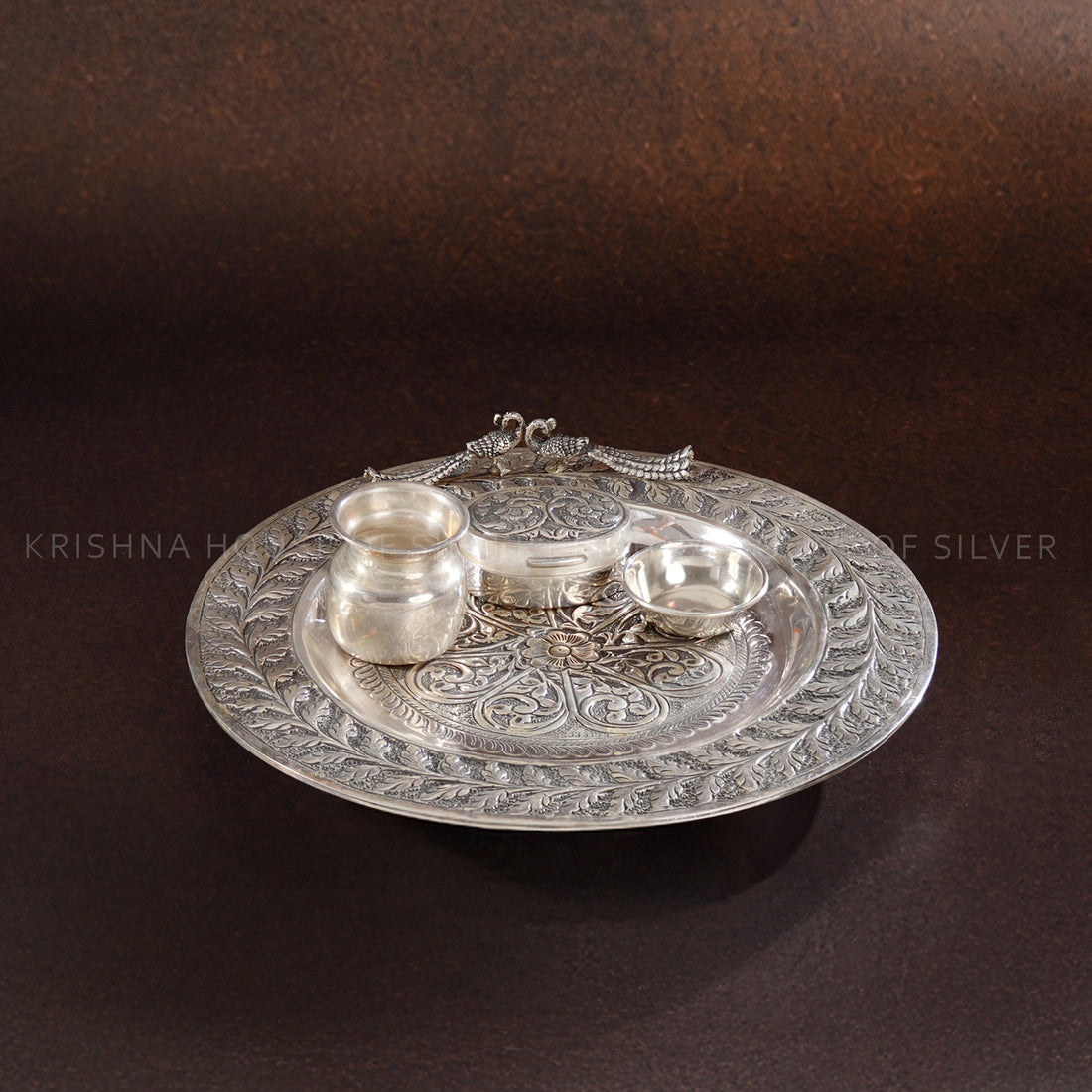 Silver Antique Pooja Thali Set with Peacock & Floral Design