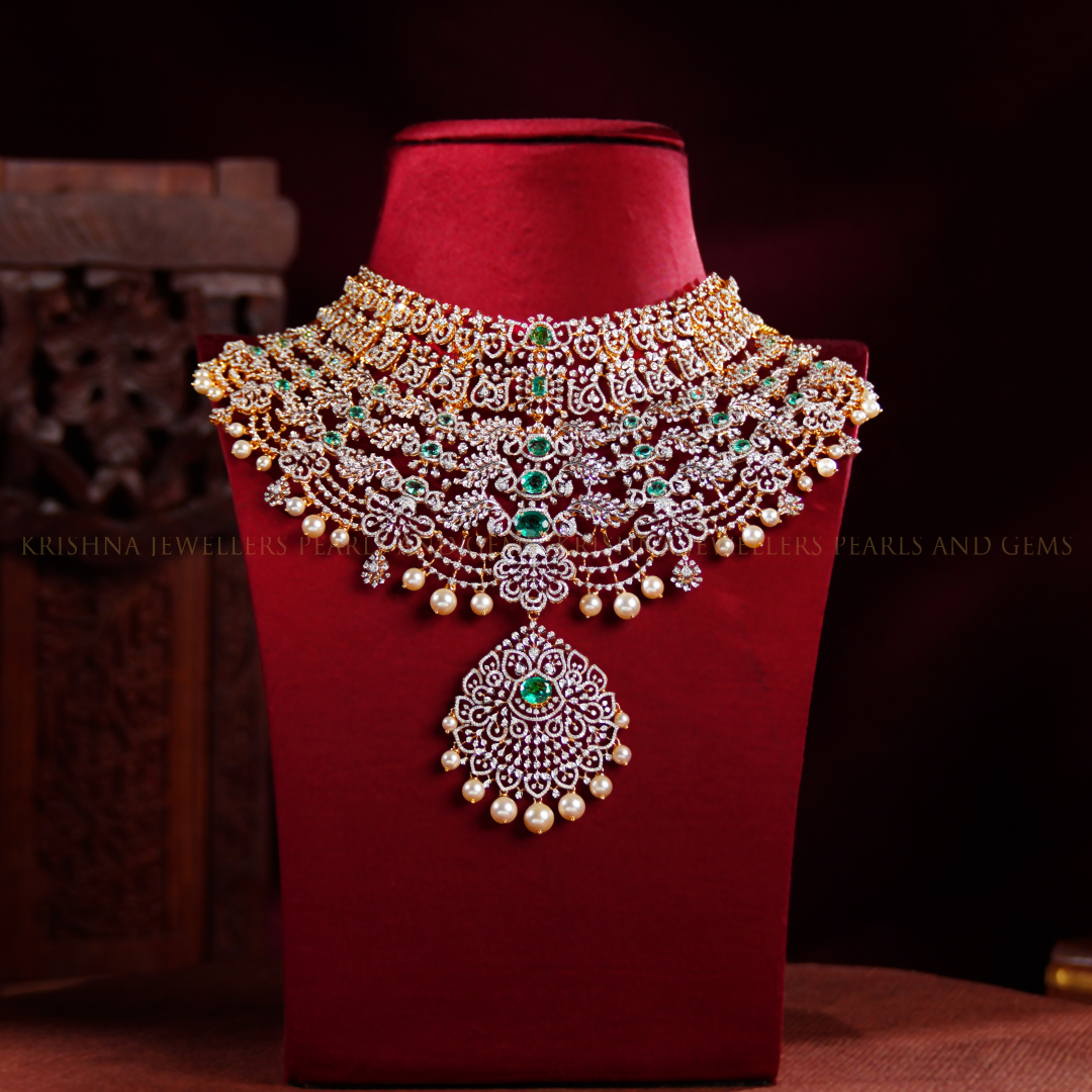 18K Diamond Detachable Choker Necklace with Emerald Stones – Bridal Luxury