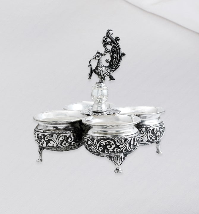 Silver Antique Haldi Kumkum 4 Bowl Set