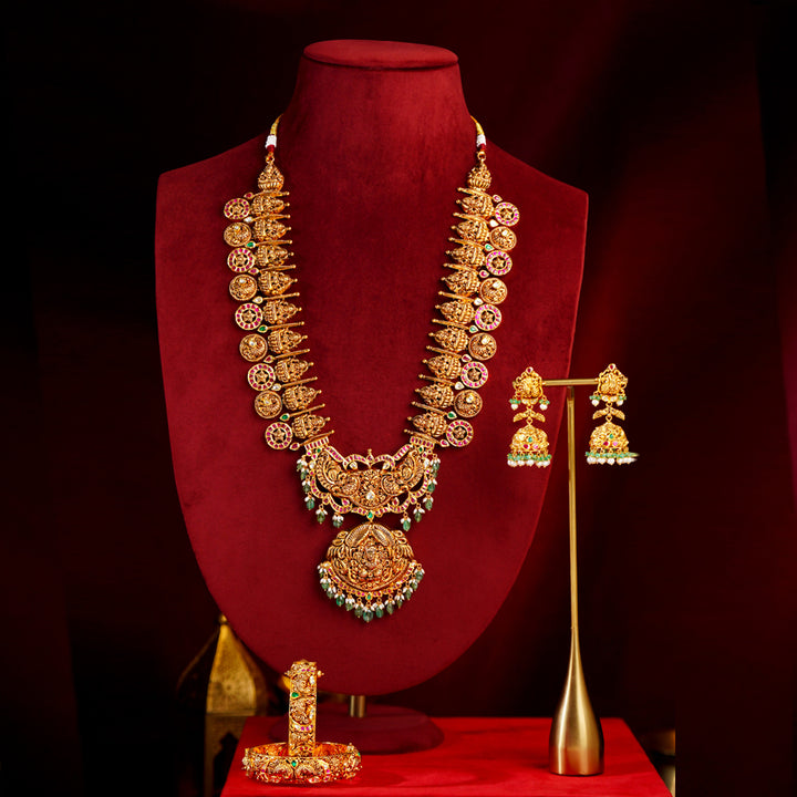 22K Gold Lakshmi Bottu Haram Bridal Set with Jhumka & Bangles