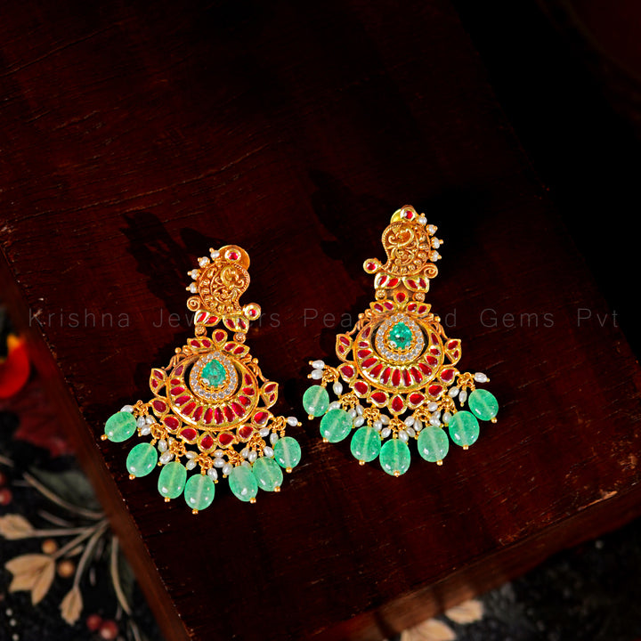 Antique Gold Kempu Chandbali Earrings with Emerald Beads and Pearls