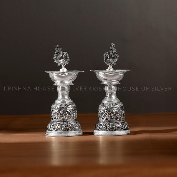 Antique Silver Peacock Diya with Floral Design