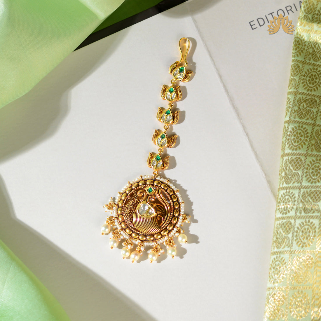 22K Gold Antique Peacock Pearl Maang Tikka with Emerald Accents