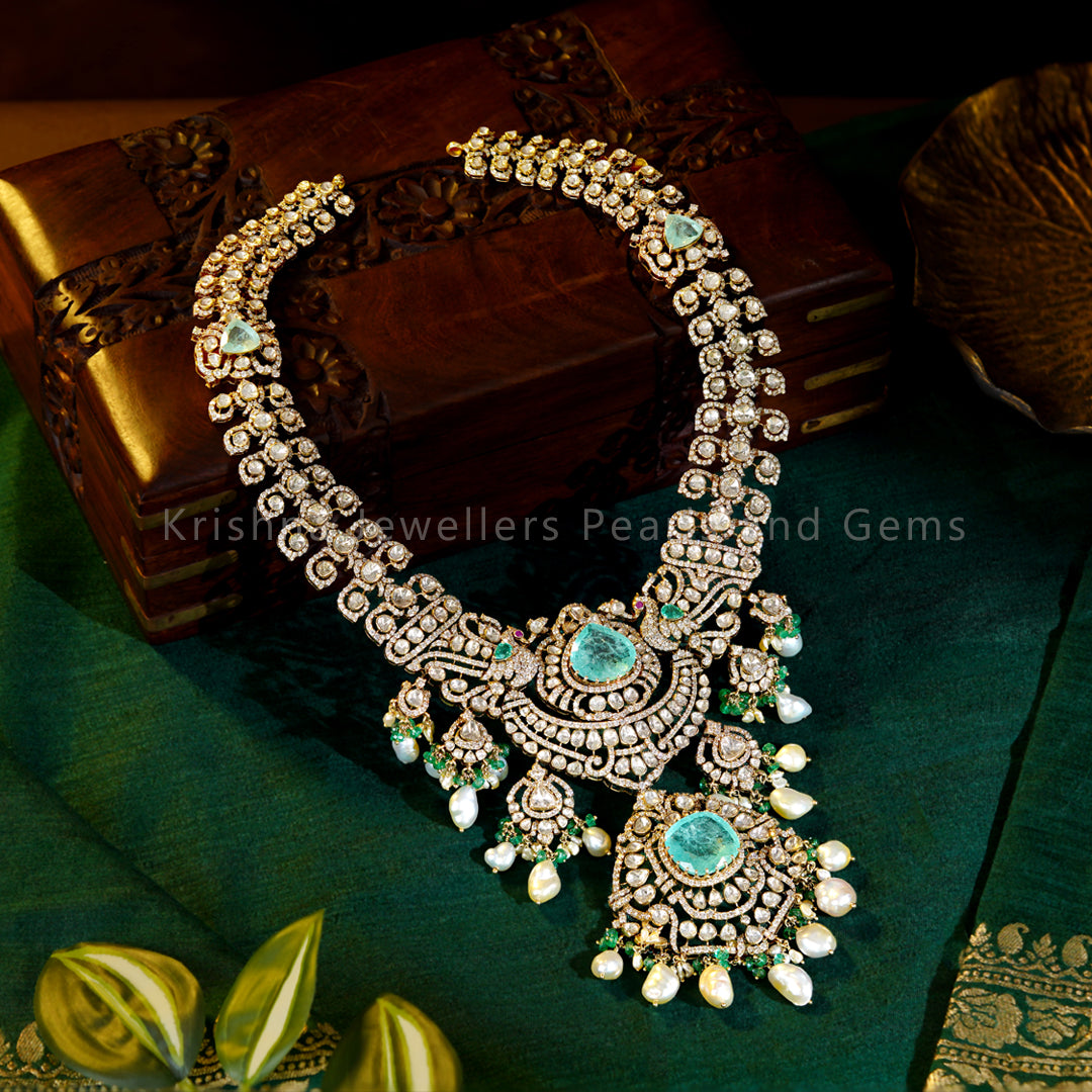Emerald Polki Long Necklace with Pearl Drops – 18K Gold