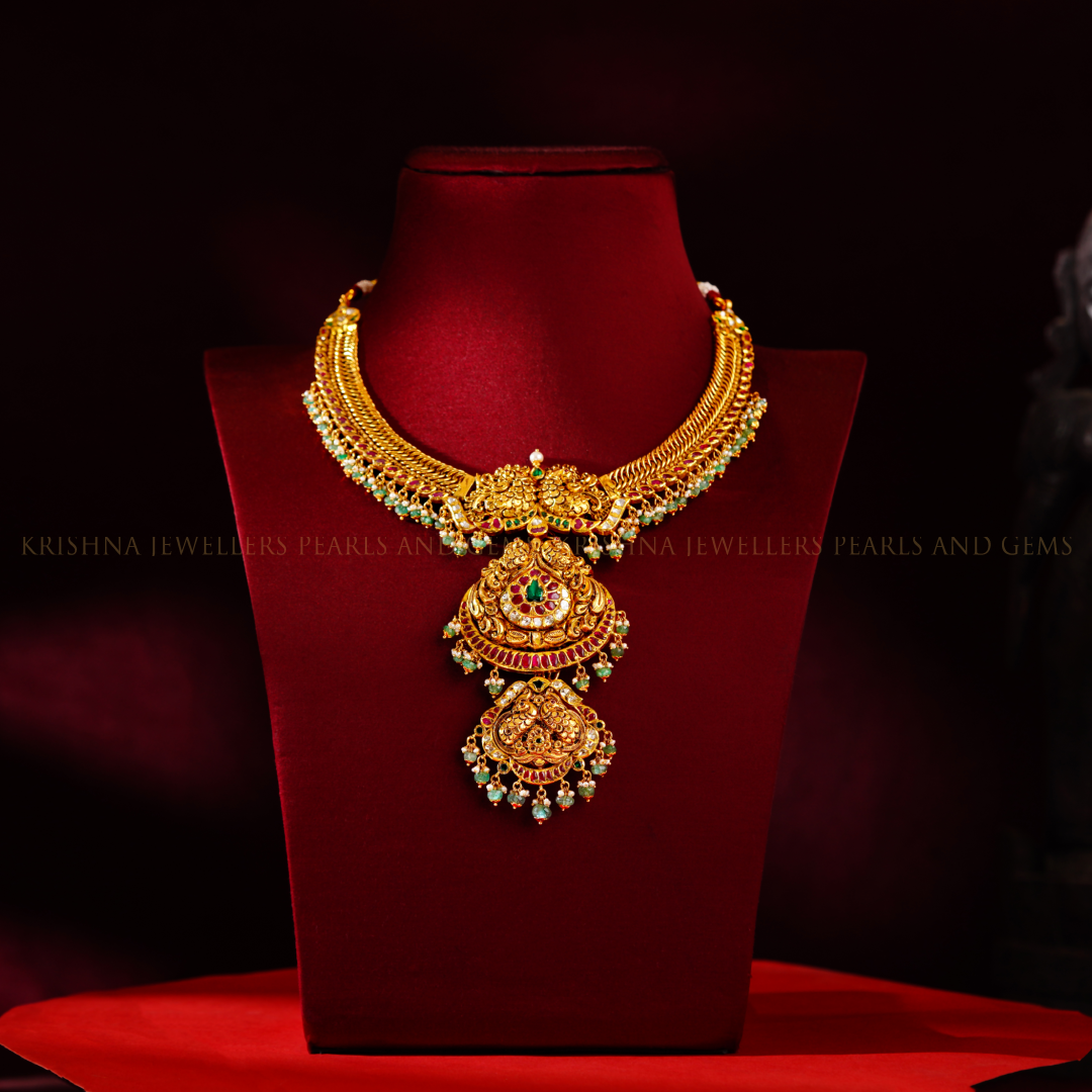 22K Gold Jalebi Necklace with Peacock Motifs