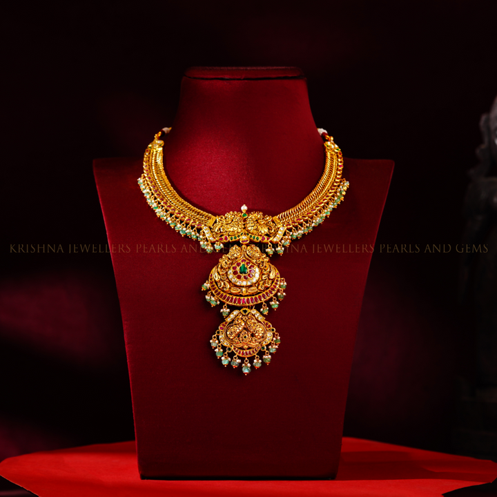 22K Gold Jalebi Necklace with Peacock Motifs