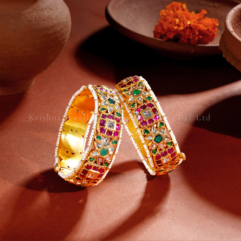 22K Gold Floral Kundan Bangles (Pair)