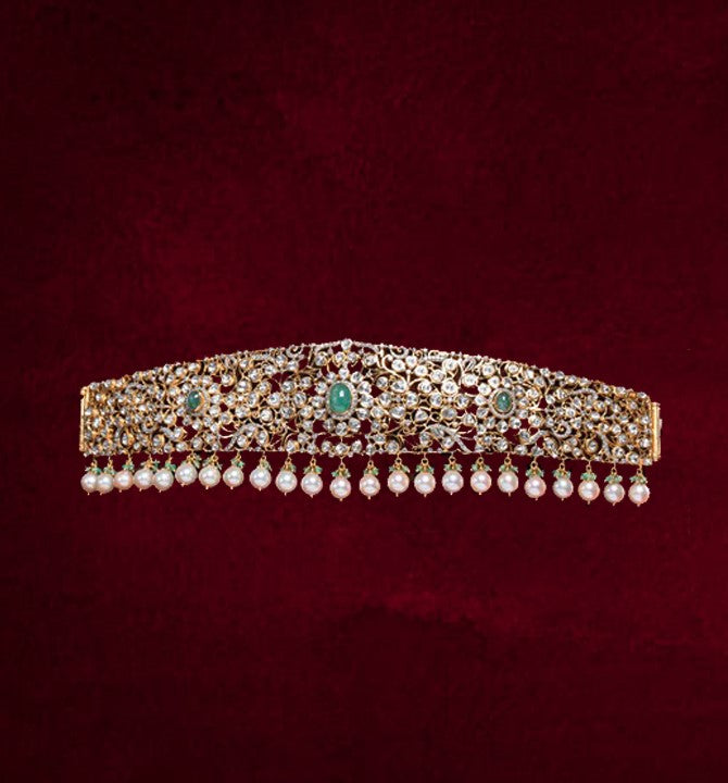 Polki, Pearls Vaddiyanam/Waist belt in yellow gold