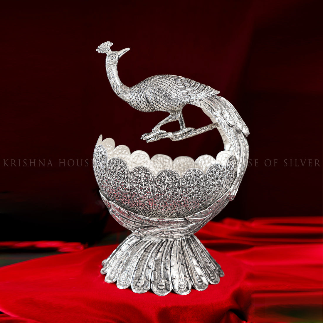 Silver Peacock Fruit Bowl with Detailed Nakshi Work