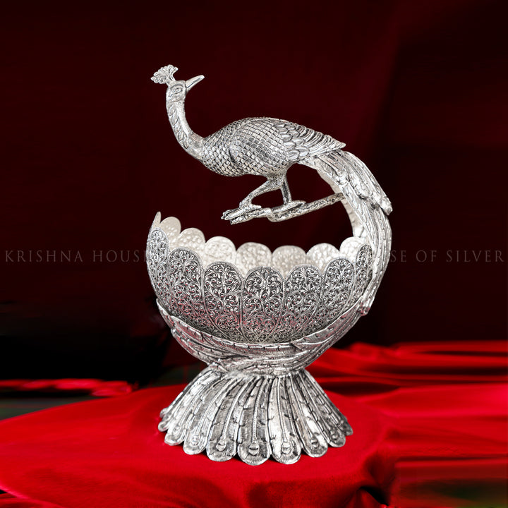 Silver Peacock Fruit Bowl with Detailed Nakshi Work