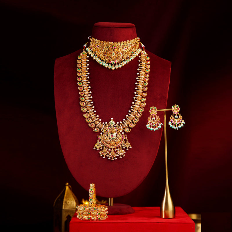 22K Gold Mango Peacock Lakshmi Bridal Set with Choker, Haram & Chandbalis