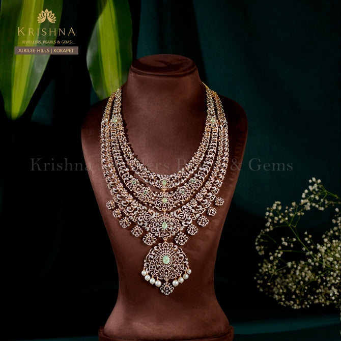 3 Layered Diamond and Emerald Long Haar Necklace Bridal Luxury