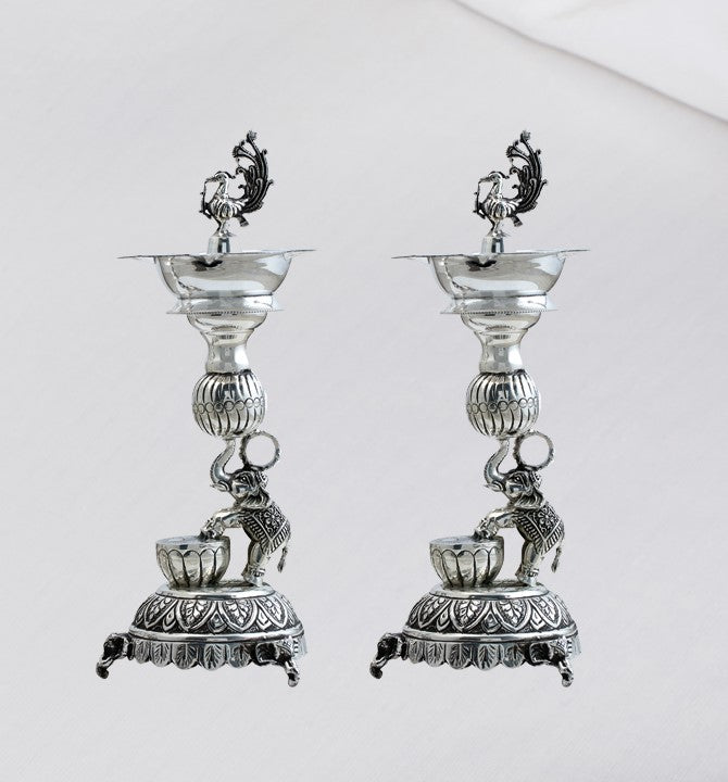 Silver Elephant & Peacock Deepam Stand