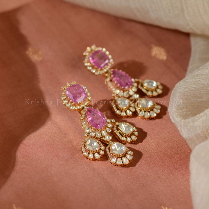 Elegant Polki & Pink Stone Drop Earrings | Bridal Statement Jewellery