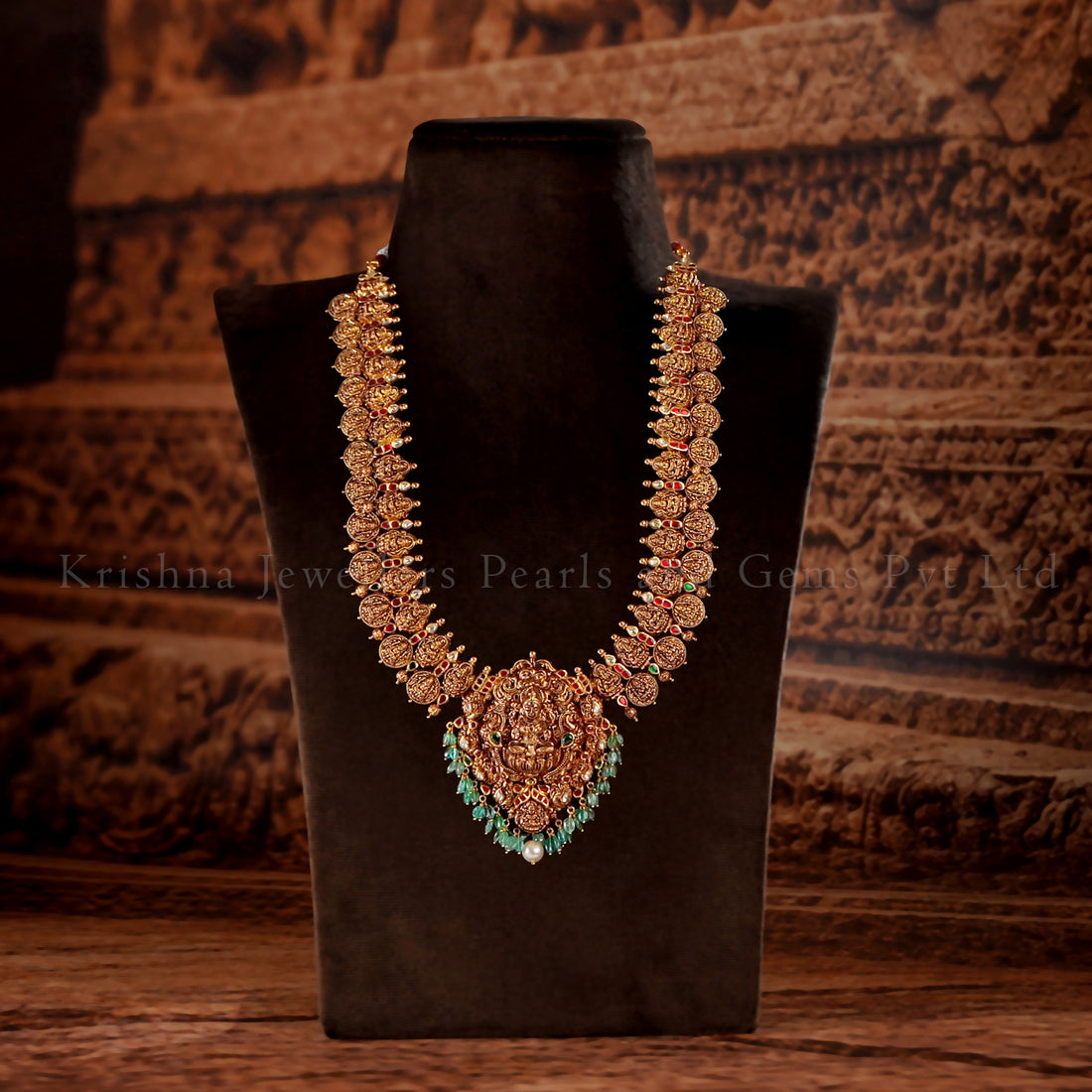 22K Gold Nakshi Kasu Haram with Ruby Emerald Pota