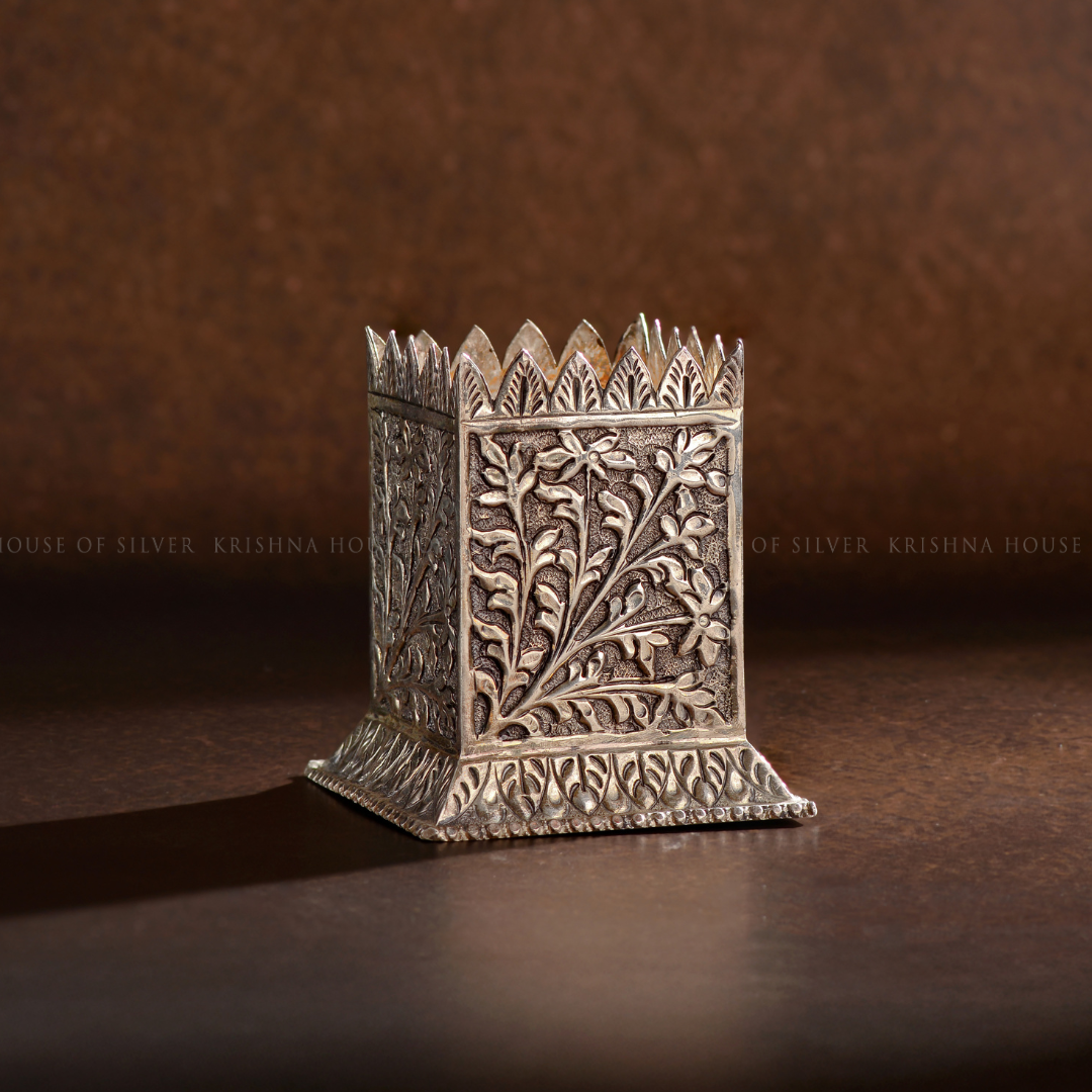 92.5 Silver Tulsi Pot with Antique Floral Design