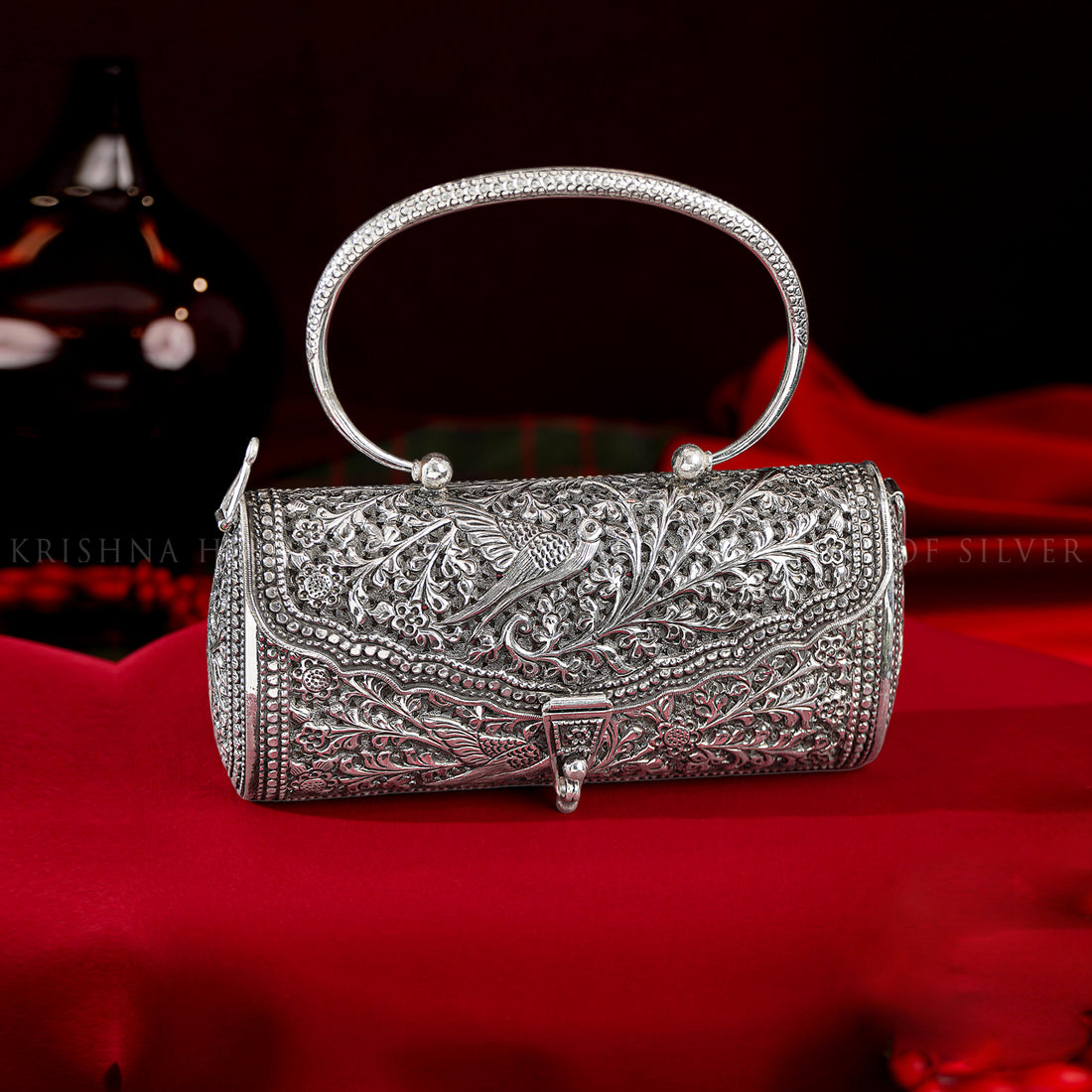Antique Finish Silver Clutch with Floral and Bird Motifs