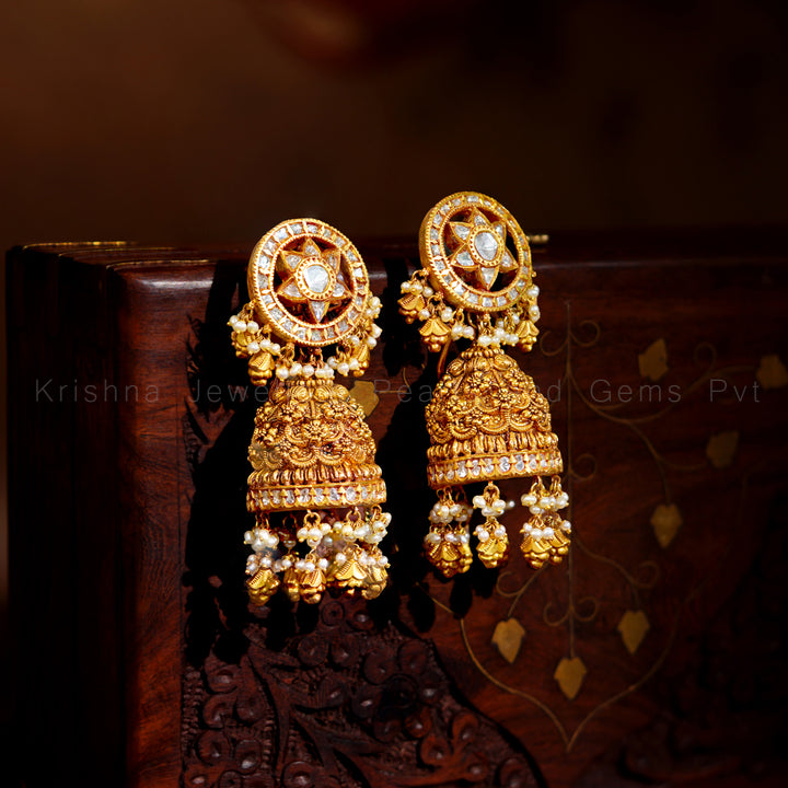 Antique Gold Polki Jhumka Earrings with Pearl Drops
