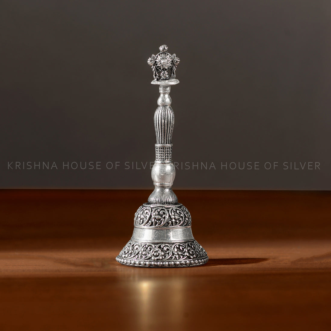 Antique Floral Silver Pooja Bell with Chakra Design