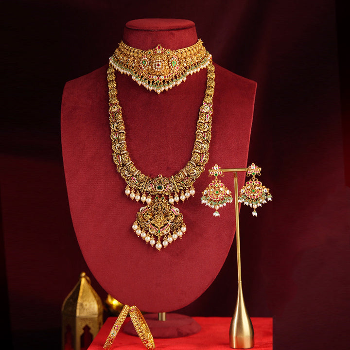 22K Gold Nakshi Kundan Bridal Set with Choker, Haram, Earrings & Bangles