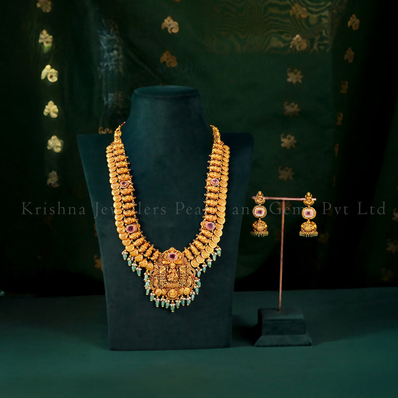 22K Lightweight Kasu Haram and Jhumka Set with Antique Detailing