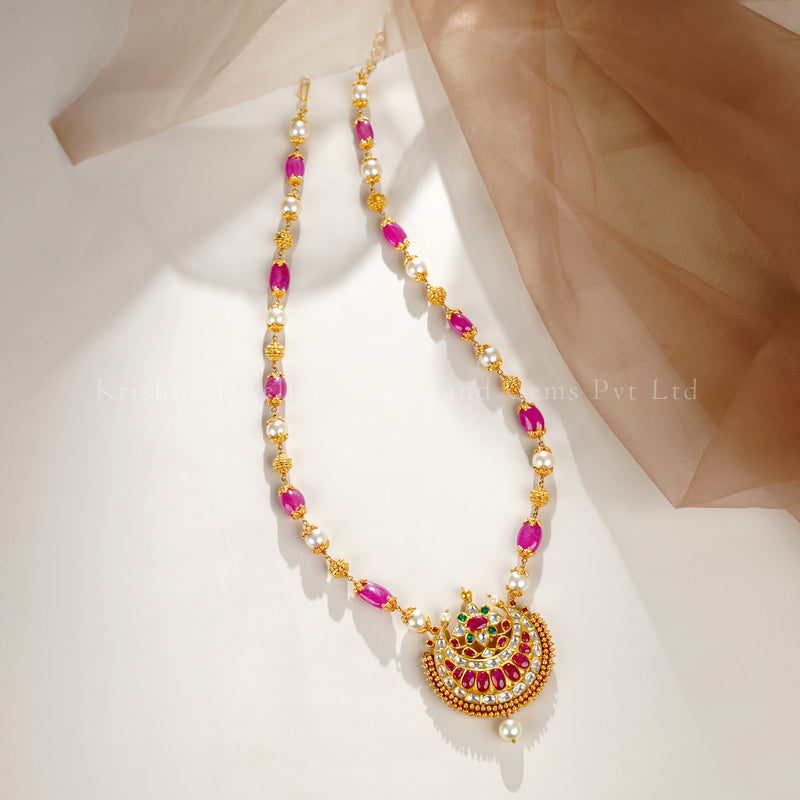 22K Gold Ruby Beaded Pendant Necklace