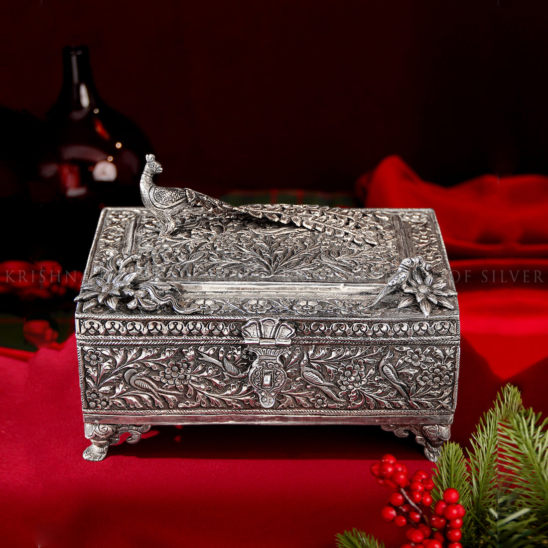 Antique-Finish Peacock & Floral Carved 92.5 Silver Paan Daan