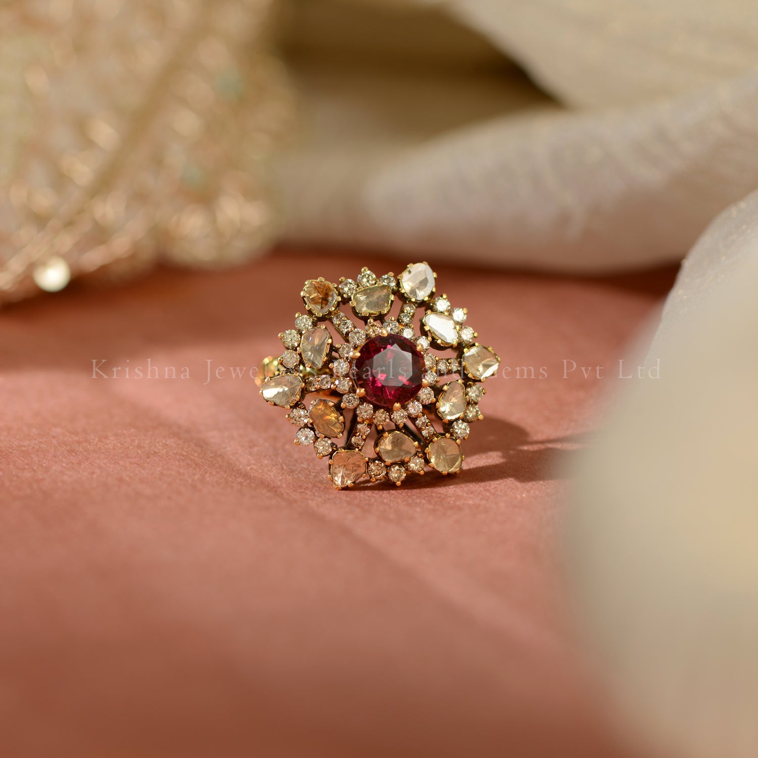 Ruby Polki Diamond Cocktail Ring in 18K Gold – Statement