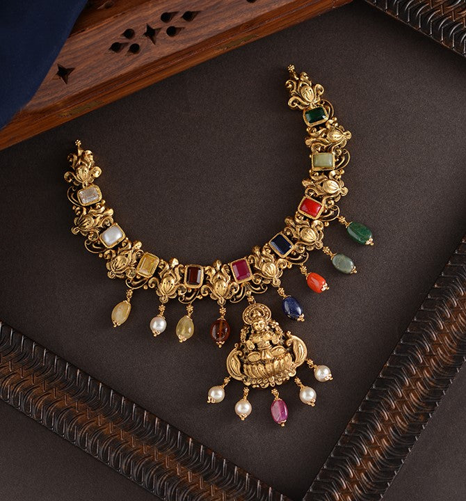22K Gold Navaratan Lakshmi Necklace
