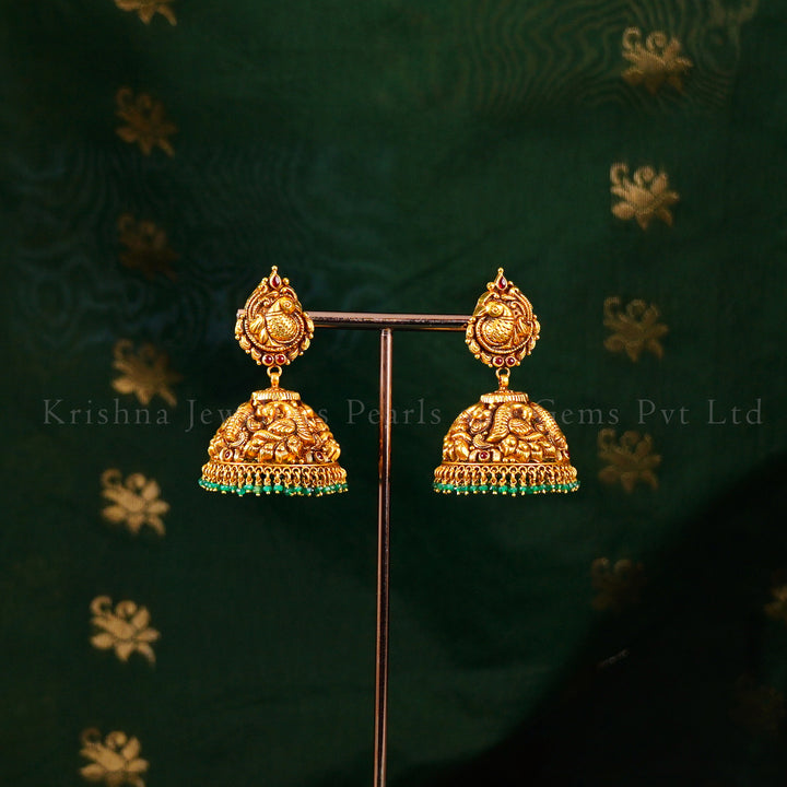 22K Peacock Nakshi Jhumkas with Ruby Pota & Emerald Beads
