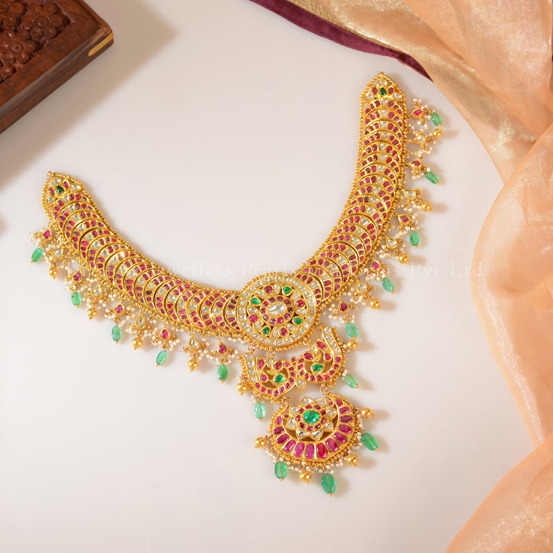22K Gold Kundan Ruby Emerald Short Necklace