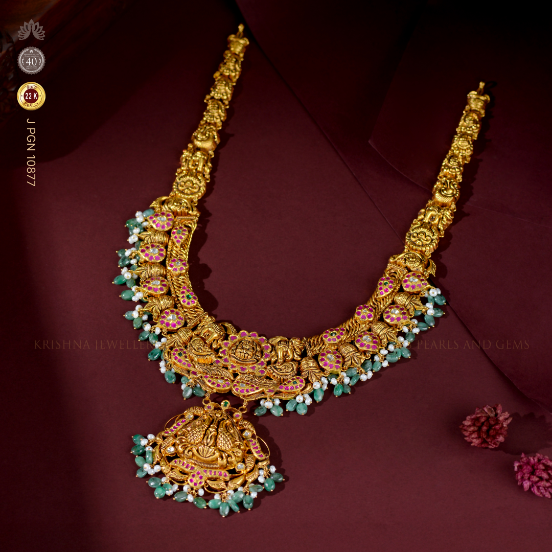 Gold Lakshmi Devi & Elephant Design Necklace Temple Jewelry Collection