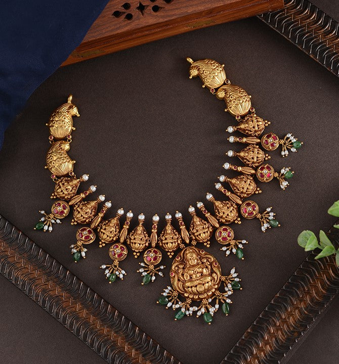 22K Gold Lakshmi Emerald Pearl Necklace