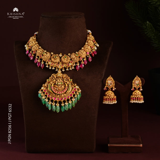 Peacock Motif Emerald & Ruby Gold Necklace Sets