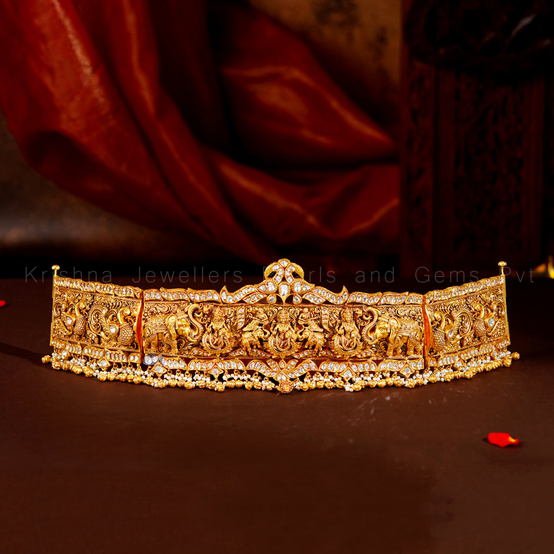 Antique Gold Nakshi Vaddanam with Gajalakshmi and Elephant Panels